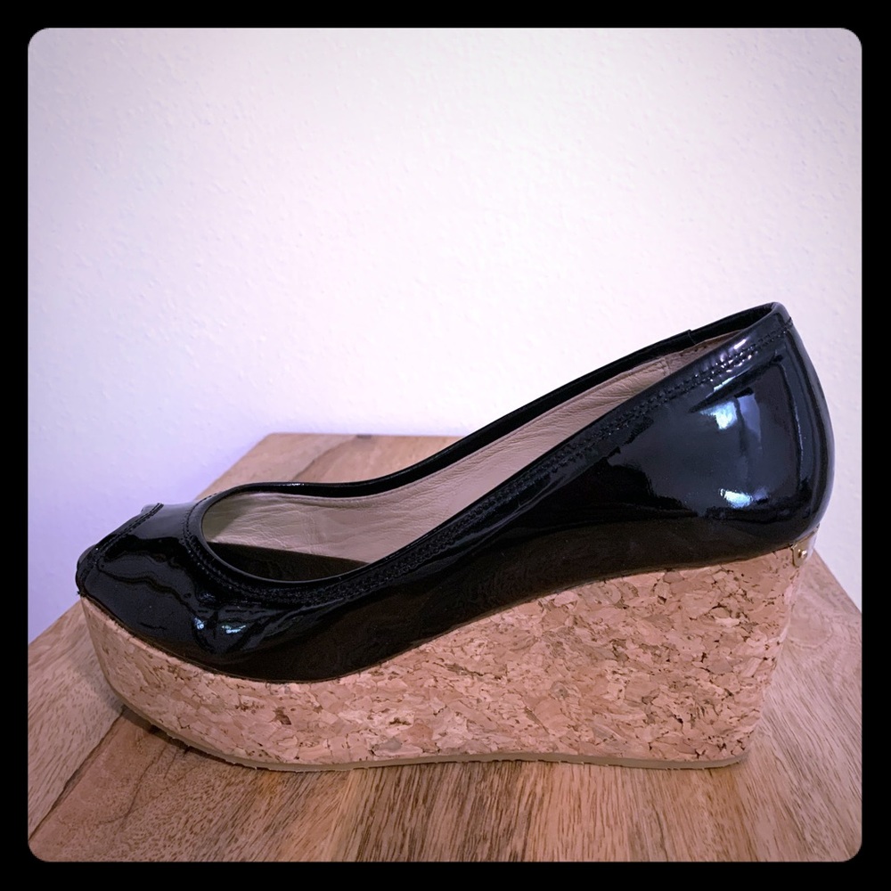 Jimmy Choo Black Patent Peep Toe 3” Wedge